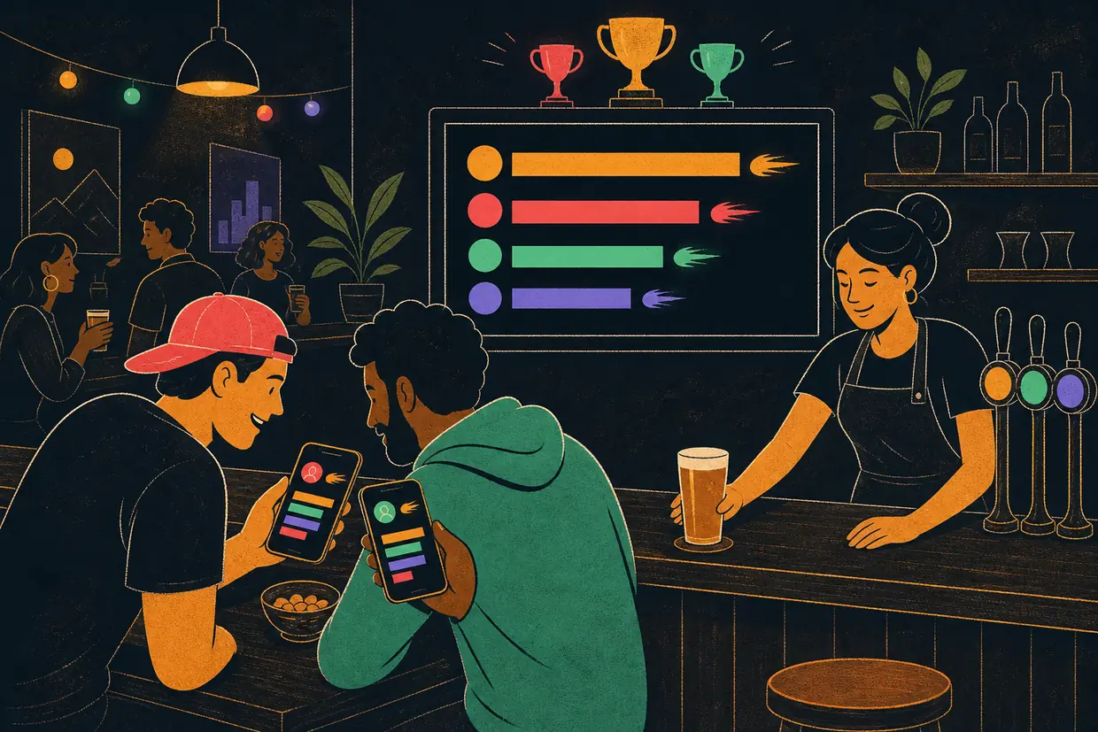 Two bar regulars comparing their trivia stats on their phones while a screen behind the bar shows the season leaderboard.