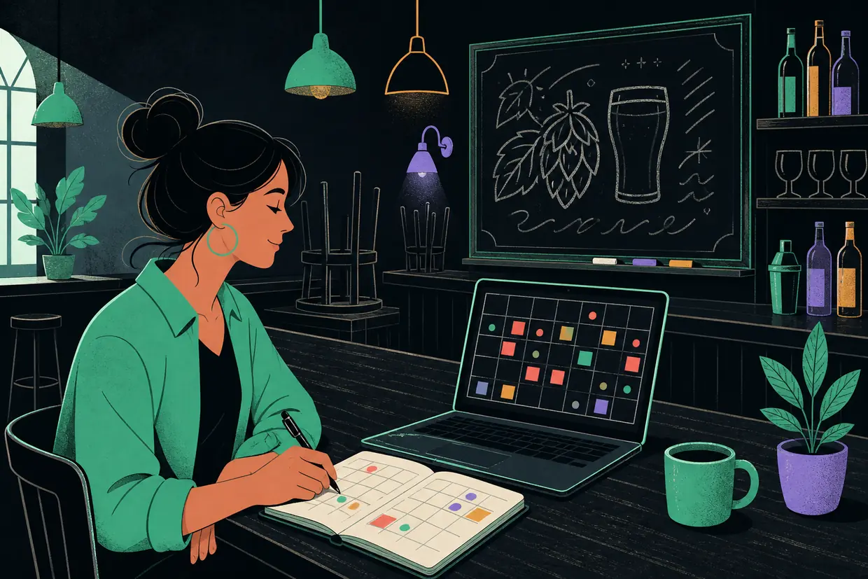 A bar manager at the end of a quiet bar with a laptop showing a month calendar of booked nights, a diary open beside her.