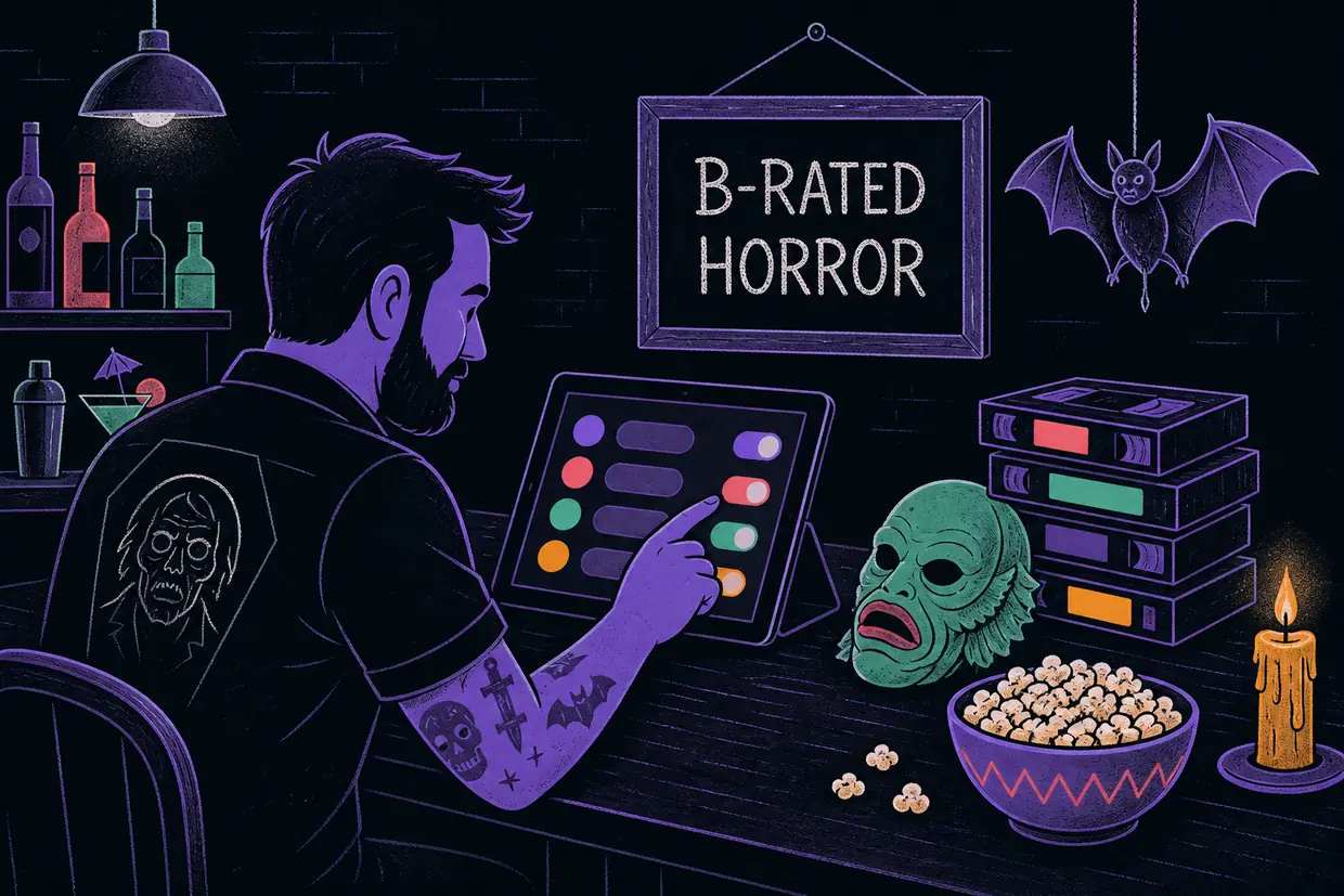 A bar owner at a table with a tablet, setting up categories for a horror film theme night, with a chalkboard sign reading B-Rated Horror and props including VHS tapes and a monster mask.